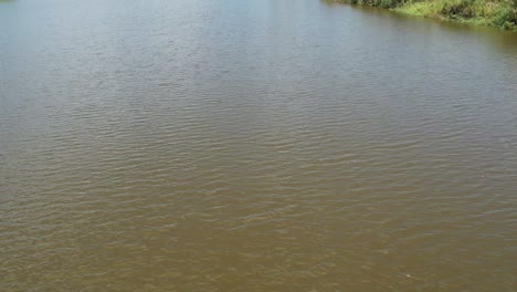 Flying-Above-Calm-Lake-With-Brownish-Water