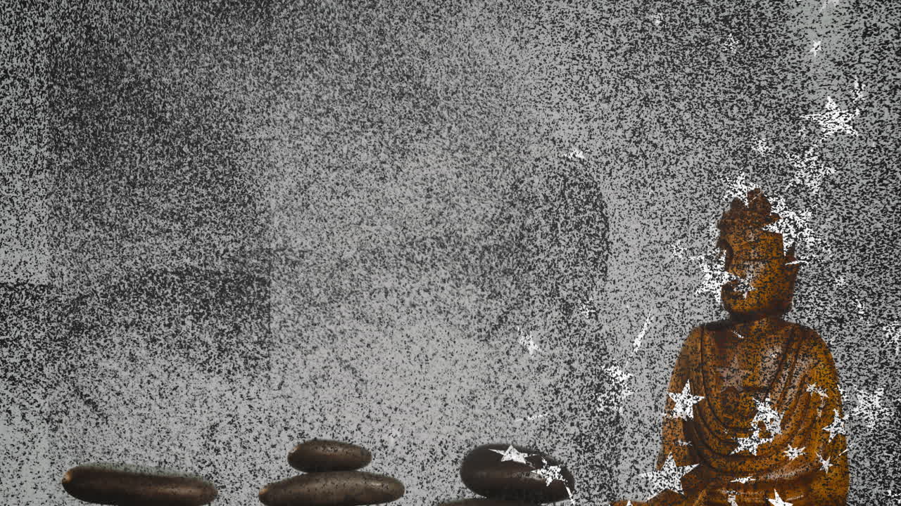 Stacked stones with Buddha statue in peaceful meditation against textured background