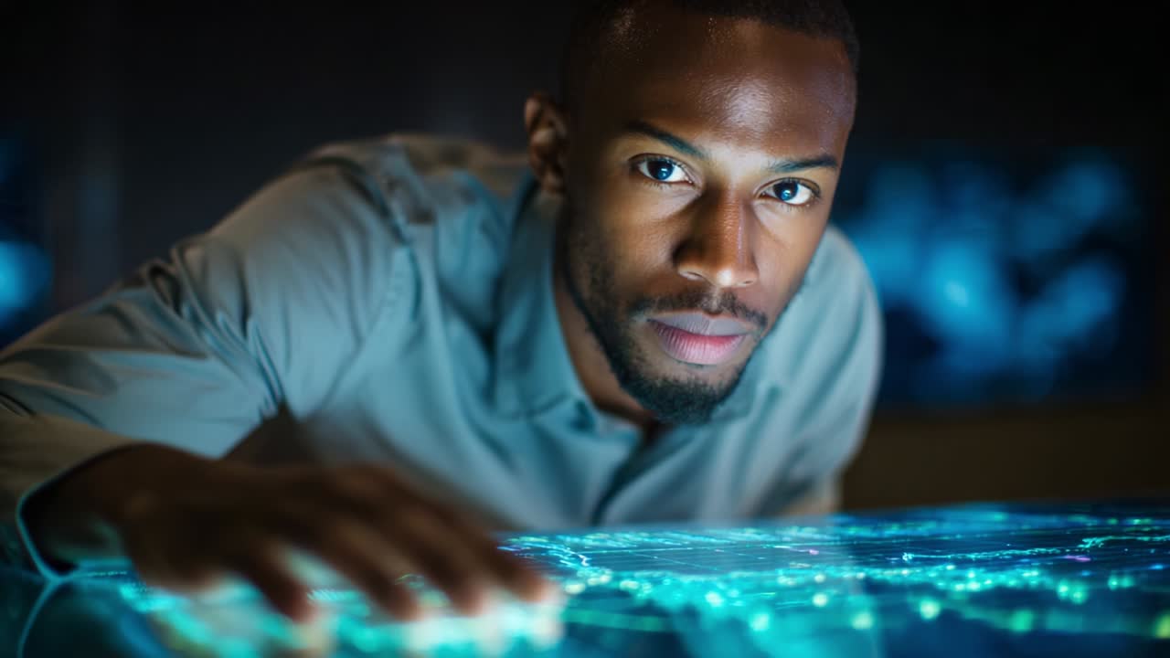 Focused Individual Engaging with an Interactive Digital Interface, Analyzing Data and Information on a Map Display, with a Keen Expression Signifying Concentration and Insight