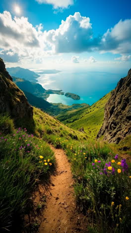 vibrant mountain trail overlooking a serene coastal bay