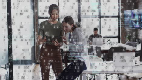 animation of binary coding data processing over diverse business people in office