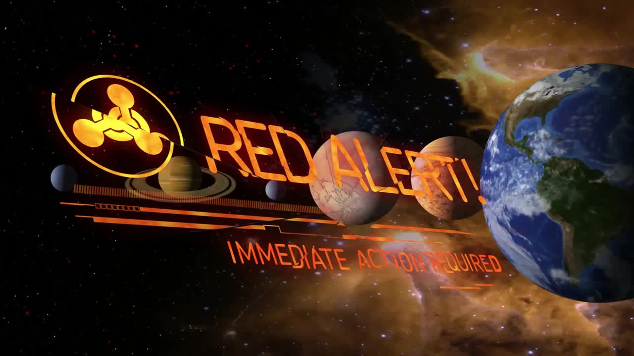 Amber hazard emblem appearing above planets, pulsing forming RED ALERT! IMMEDIATE ACTION REQUIRED