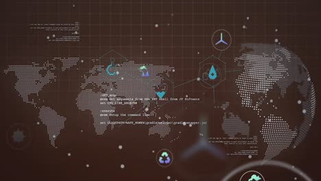 animación de iconos, lenguaje informático, globo terrestre y mapa sobre fondo gris