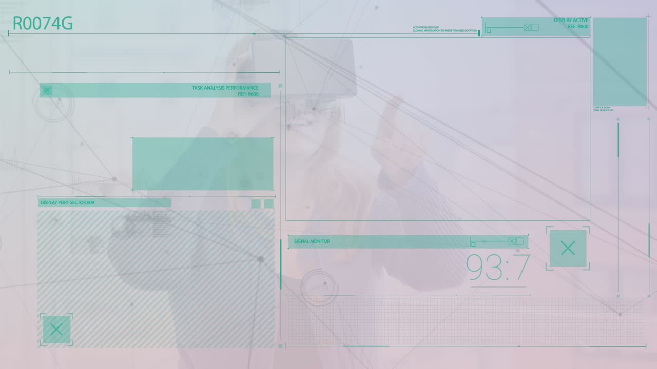 animación de la red de conexiones con procesamiento de datos sobre mujer caucásica usando auriculares vr.