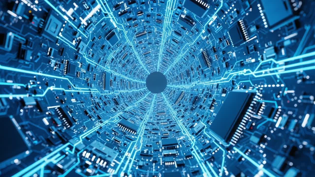 Immersive Visuals of a High-Tech Circuitry Tunnel Showcasing an Aesthetic Blend of Electric Blue Light and Intricate Microchip Design Elements