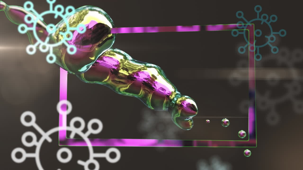 검은색 배경의 움직이는 모양 위에 떨어지는 코로나19 세포의 애니메이션