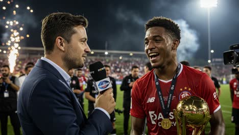 victory celebration: an enthusiastic athlete receives a championship trophy while engaged in a post-match interview surrounded by sparks and joyous fans