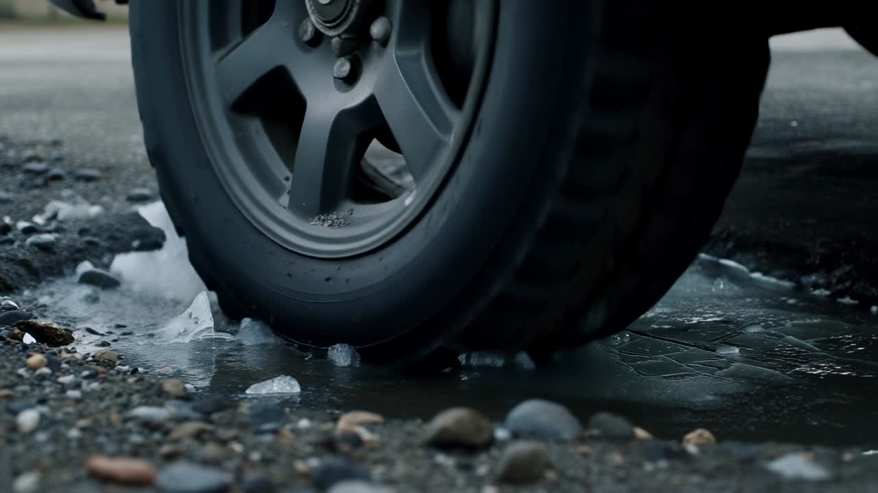 Rolling alloy-rim tire hitting thin ice on road puddle while moving ahead exposing water and gravel