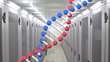 animation of dna strand spinning over computer servers