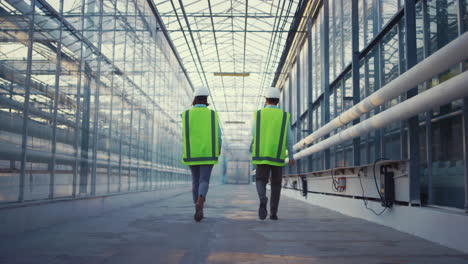 portrait engineers walking in factory checking safety discussing production