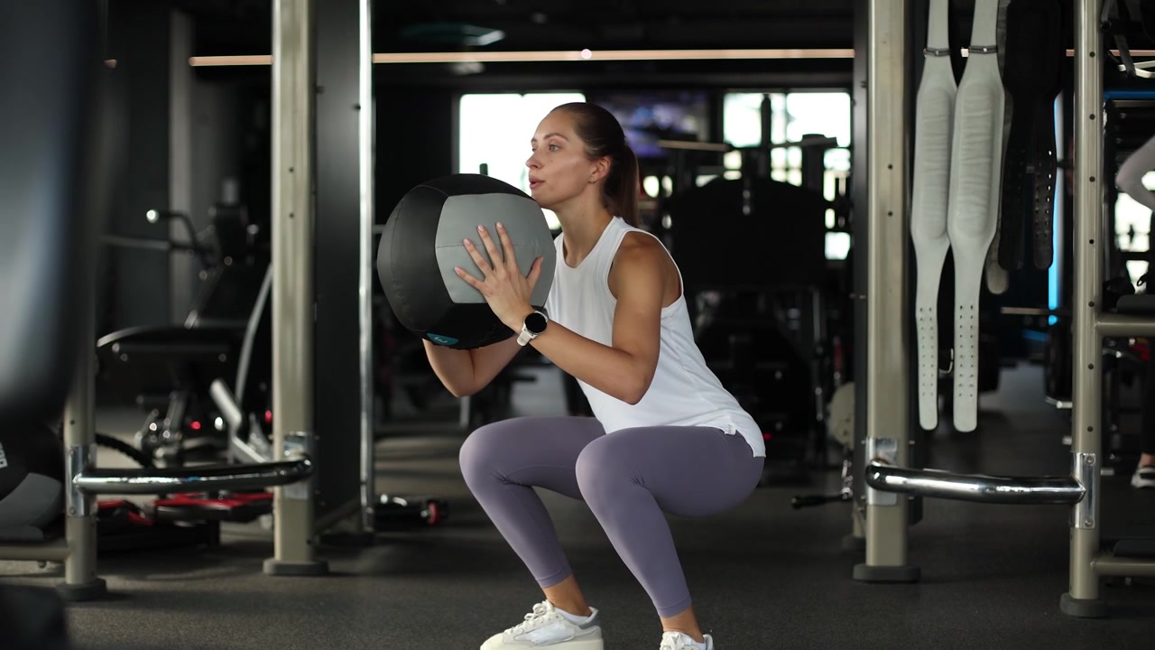 Donna atletica che esegue squat con palla medica in una palestra moderna.