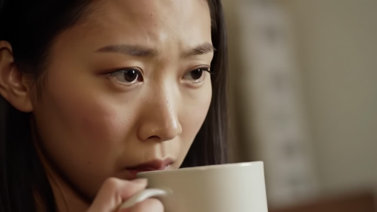 A Reflective Moment Captured: An Intimate Close-Up of a Young Woman's Emotional Expression, Revealing Thoughts and Subtle Feelings in a Quiet Setting