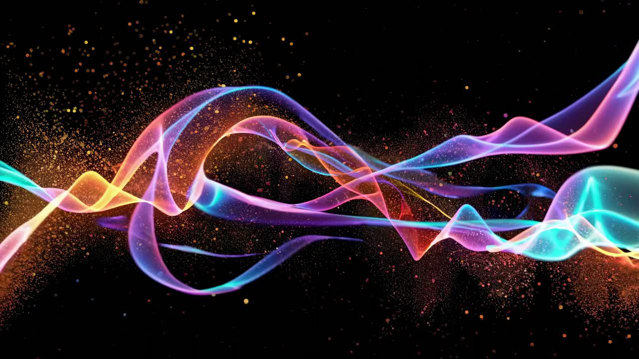 Colorful abstract waves and particles swirl against a black background, viewed from a straight