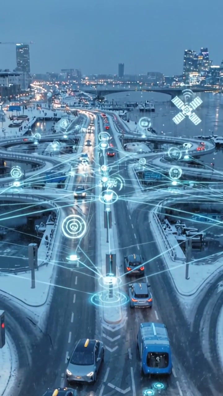 Scena di traffico urbano invernale futuristico con veicoli autonomi e connettività intelligente su un paesaggio urbano innevato con sistemi avanzati di gestione del traffico.