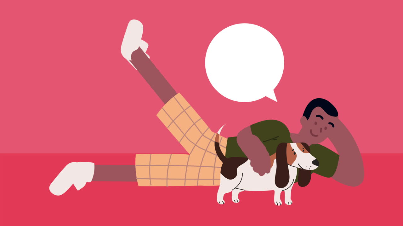 개 애니메이션과 함께 누워있는 아프로 남자