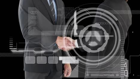 animation of scope scanning and data processing over businessman handshake