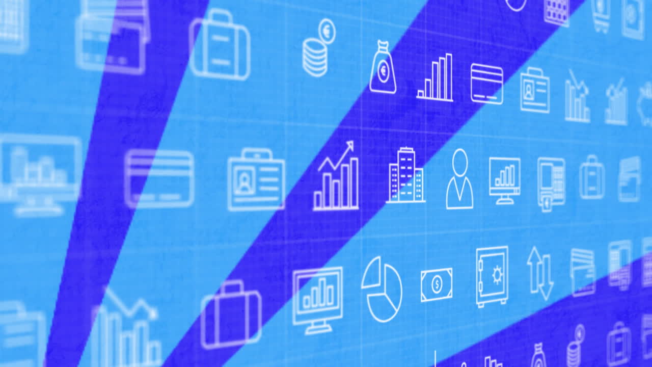 animación de iconos de medios sobre formas azules en movimiento
