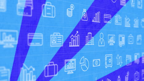 animación de iconos de medios sobre formas azules en movimiento