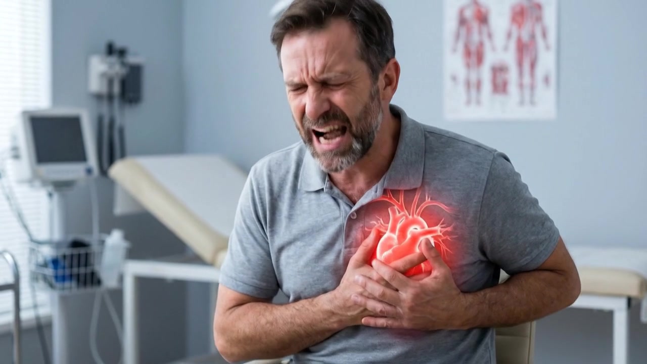 Mature Male Patient Clutching Chest in Pain during Cardiologic Emergency