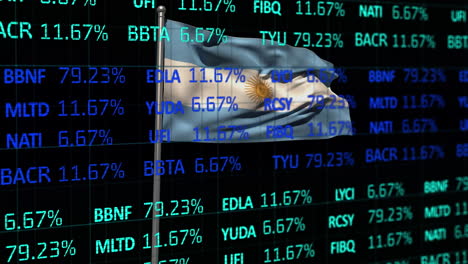 animation of stock market data processing over waving argentina flag against black background