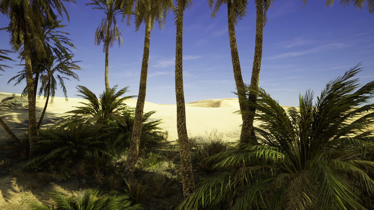 Lush palm trees frame a serene oasis in a sunlit desert landscape