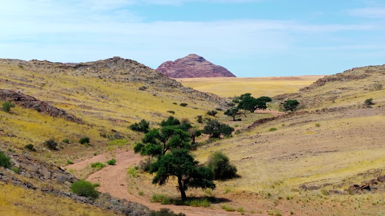Vista drone di una valle erbosa verde-oro con una strada sterrata sotto una cima montuosa rossastra. Pianure di erba dorata si estendono verso imponenti montagne di granito rosso sotto un cielo desertico di un blu brillante.