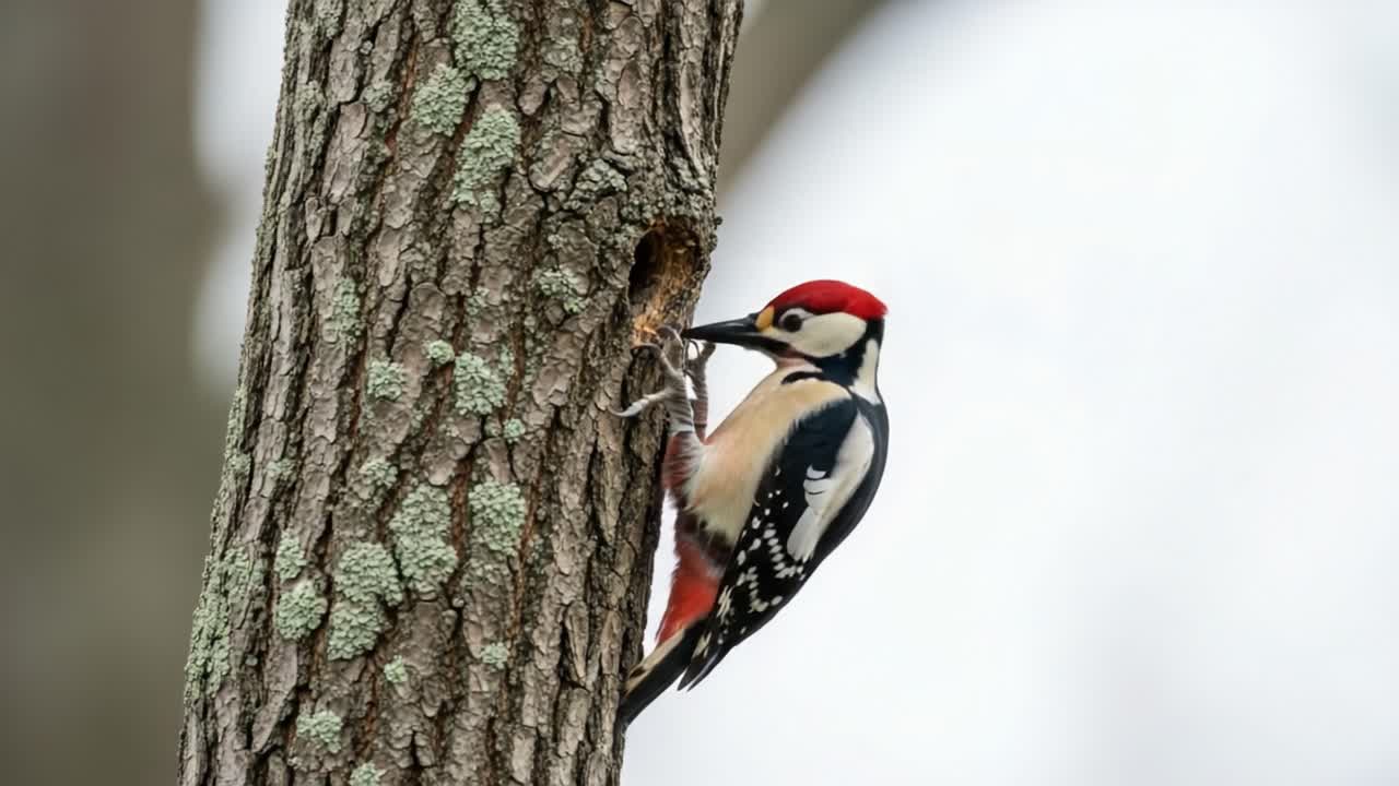 A Woodpecker Engaging in Nesting Behavior at a Tree Hollow: Capturing the Intricate Details of This Fascinating Bird's Life Cycle and Habitat Interaction