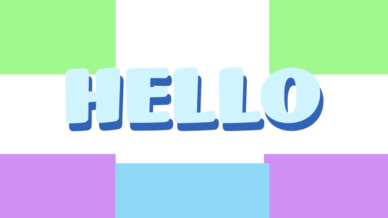 Animation of hello text banner over colorful square shapes against white background