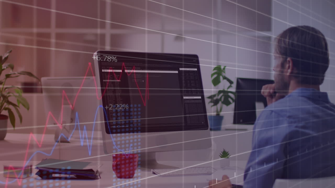 animación del procesamiento de datos estadísticos contra la vista trasera de un hombre caucásico que usa una computadora portátil en la oficina