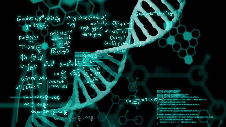 Animation of dna strand and scientific data processing over black background
