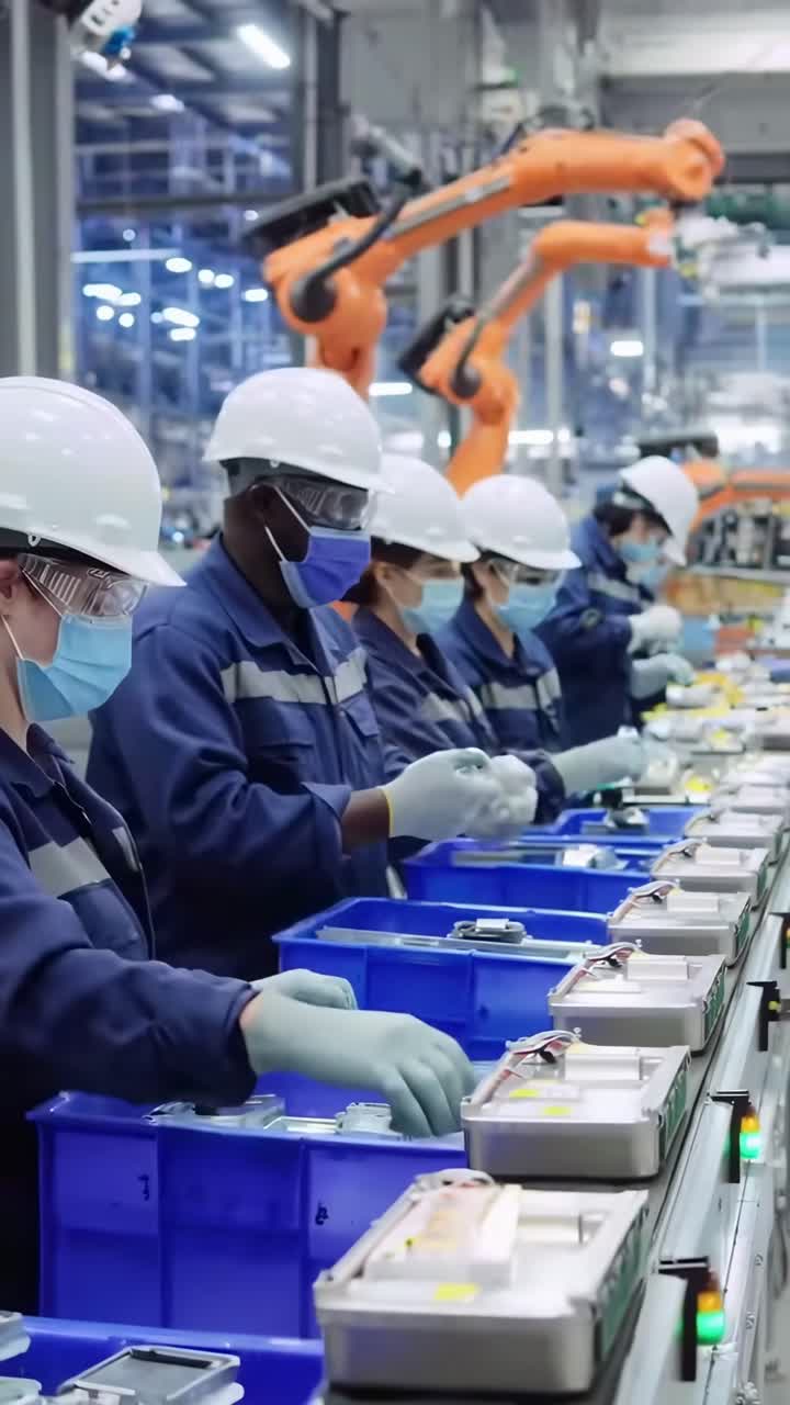 工場作業員が電子機器を組み立てる様子を捉えたハイアングルの動画。チームワークとテクノロジーを紹介します。
