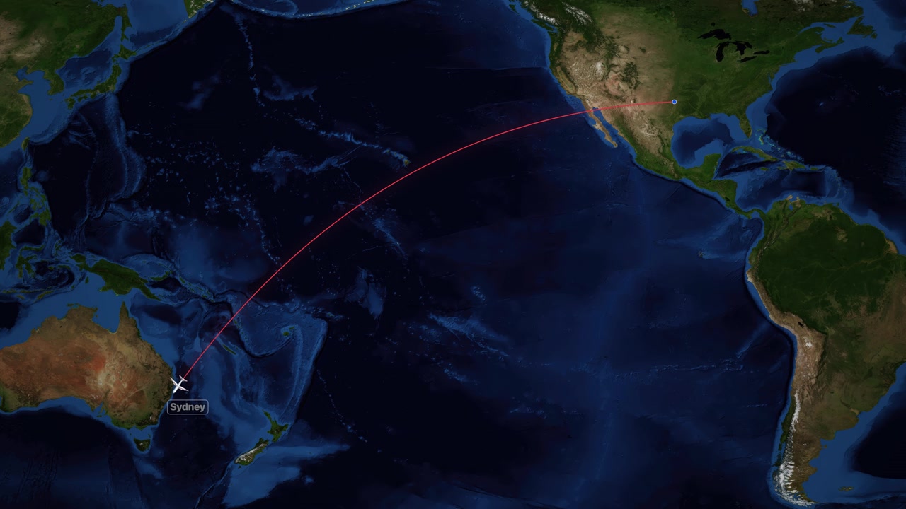 Animated Flight Path from Dallas to Sydney on World Map