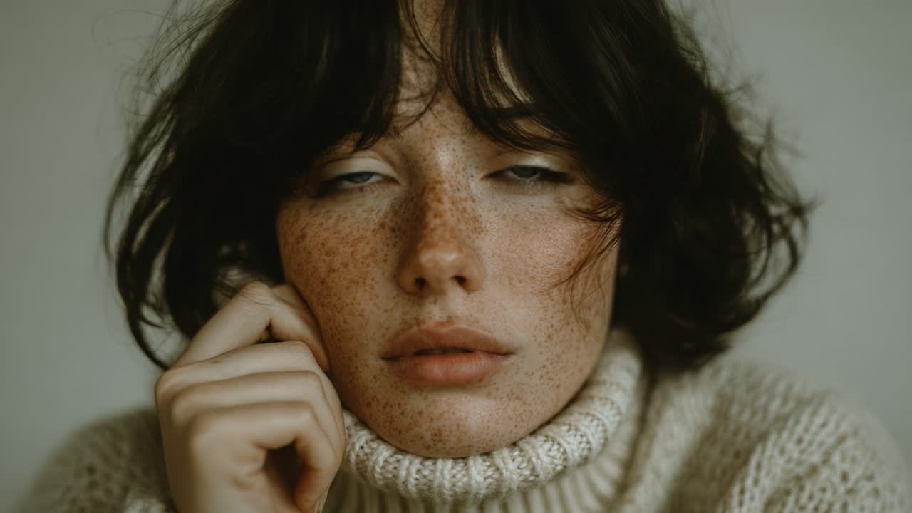 Intimate Portrait of a Young Woman with Freckles and Soft Features, Capturing Genuine Emotions in a Warm Sweater Setting