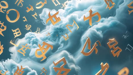 golden glyphs floating in ethereal clouds