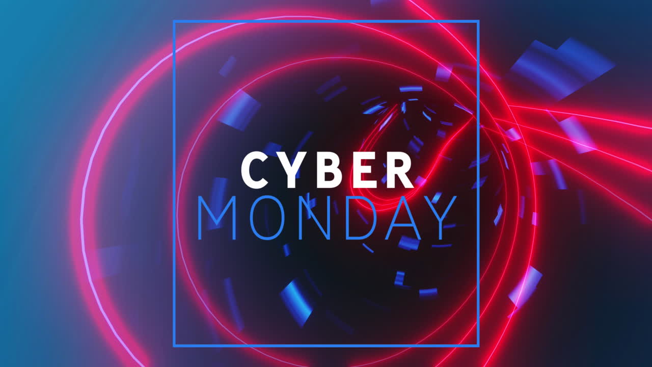 Animation of cyber monday text banner against neon tunnel in seamless pattern on blue background