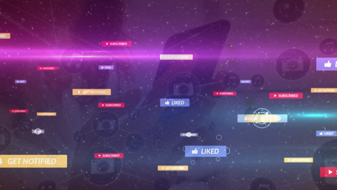 스마트 폰을 사용하는 두 인종 여성에 대한 미디어 아이콘과의 연결 네트워크의 애니메이션