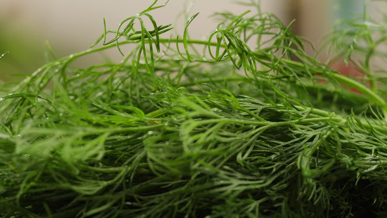 Cutting dill, chef cut dill with knife on a wooden board, close up at home, vitamin vegan greens.