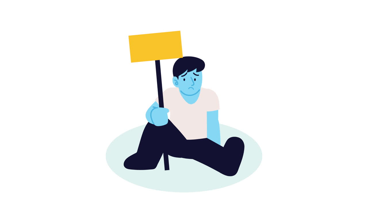 시위 표지판 캐릭터를 가진 슬픈 남자