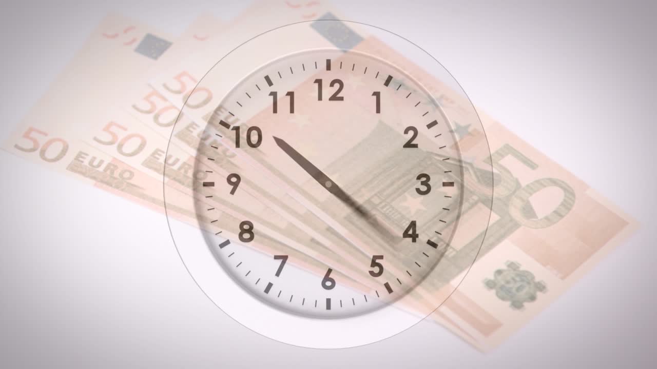 Animazione di orologio che si muove velocemente sopra un globo con numeri e rosso