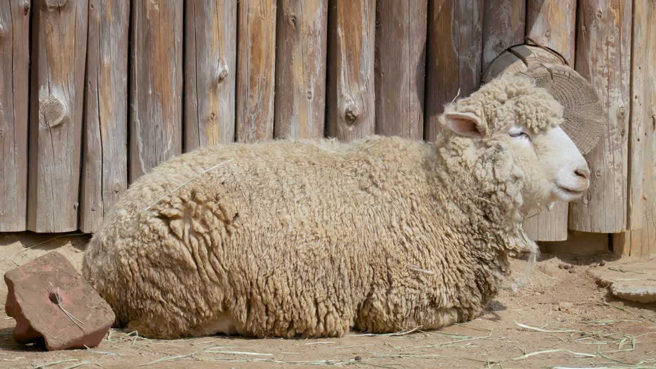 한국 서울의 한 농장에서 쉬고 있는 양 - 사이드 뷰 미디엄 샷