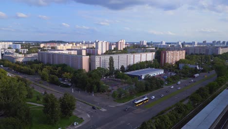 Magic-aerial-top-view-flight-Large-panel-system-building-Apartment,-prefabricated-housing-complex,-Berlin-Marzahn-East-German-summer-2023