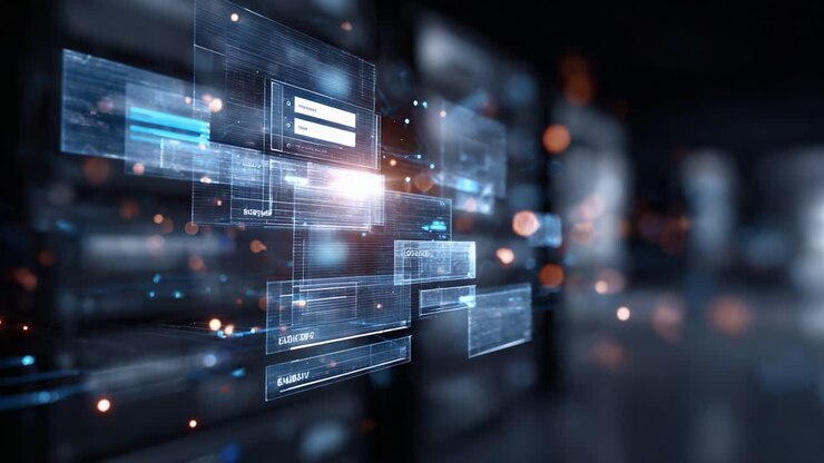Abstract Digital Interface Showcasing Data Visualization and User Interaction in a High-Tech Environment with Blurred Figures in the Background