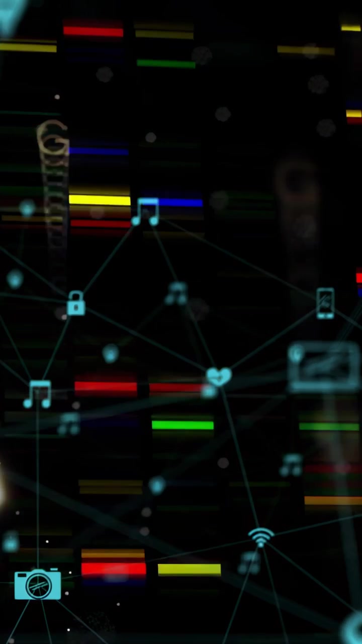Video verticale: Rete digitale che fluttua mentre appaiono barre colorate, facendo collegare icone che mostrano dati.