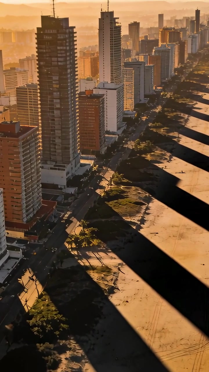 Vídeo vertical: Câmera em movimento revelando torres e praia arenosa para mostrar faixas de sombra repetidas