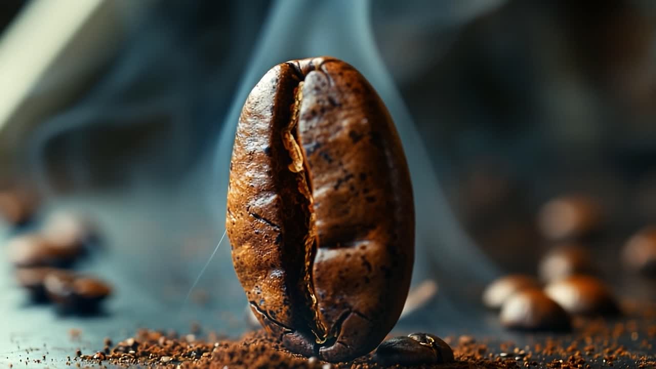 Chicco in fondi profumati. Un grande chicco di caffè tostato spicca tra caffè appena macinato e chicchi sparsi, sprigionando un aroma intenso