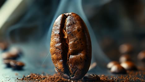 Bean in fragrant grounds. A large roasted coffee bean stands out amidst freshly ground coffee and scattered beans, creating a rich aroma.