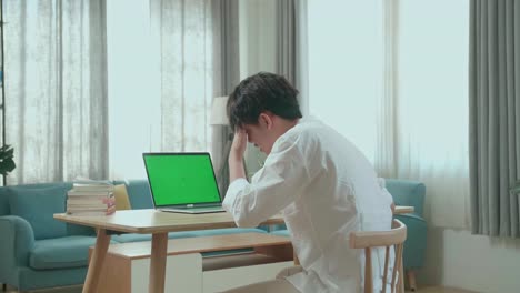 vista lateral de un estudiante asiático cansado mientras mira una computadora de pantalla verde en casa