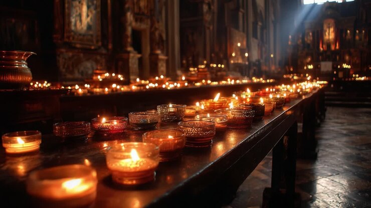 Un sereno esempio di eleganza a lume di candela in un santuario decorato, che cattura la tranquilla atmosfera di riverenza e riflessione con dettagli straordinari