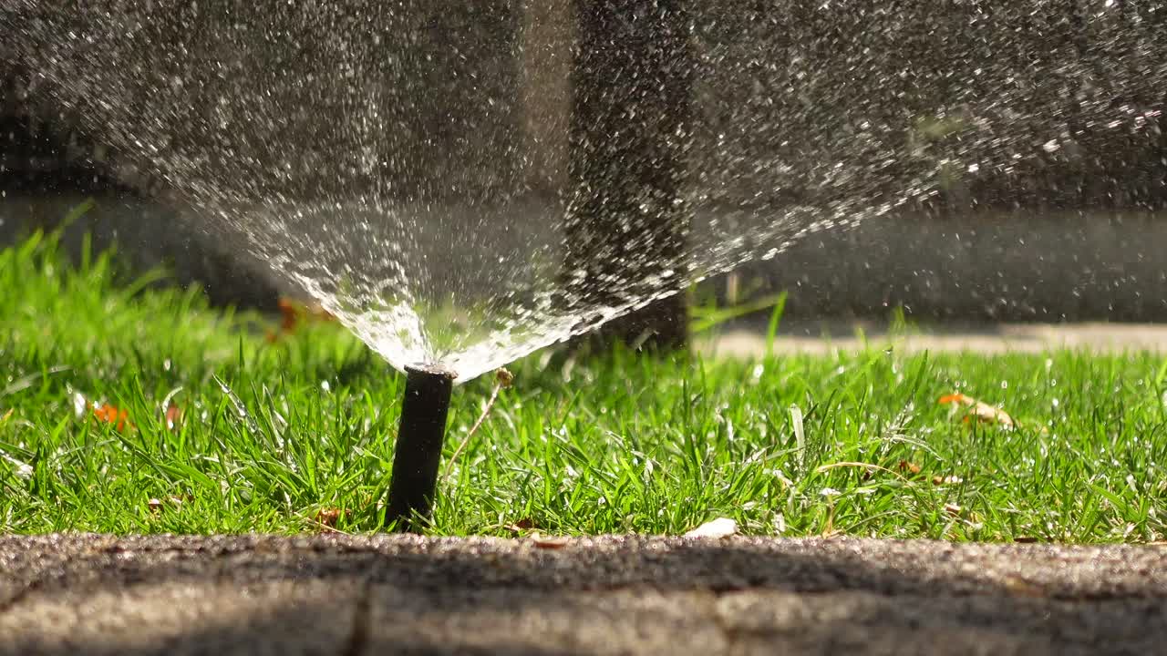 Close up of a sprinkler watering a lawn