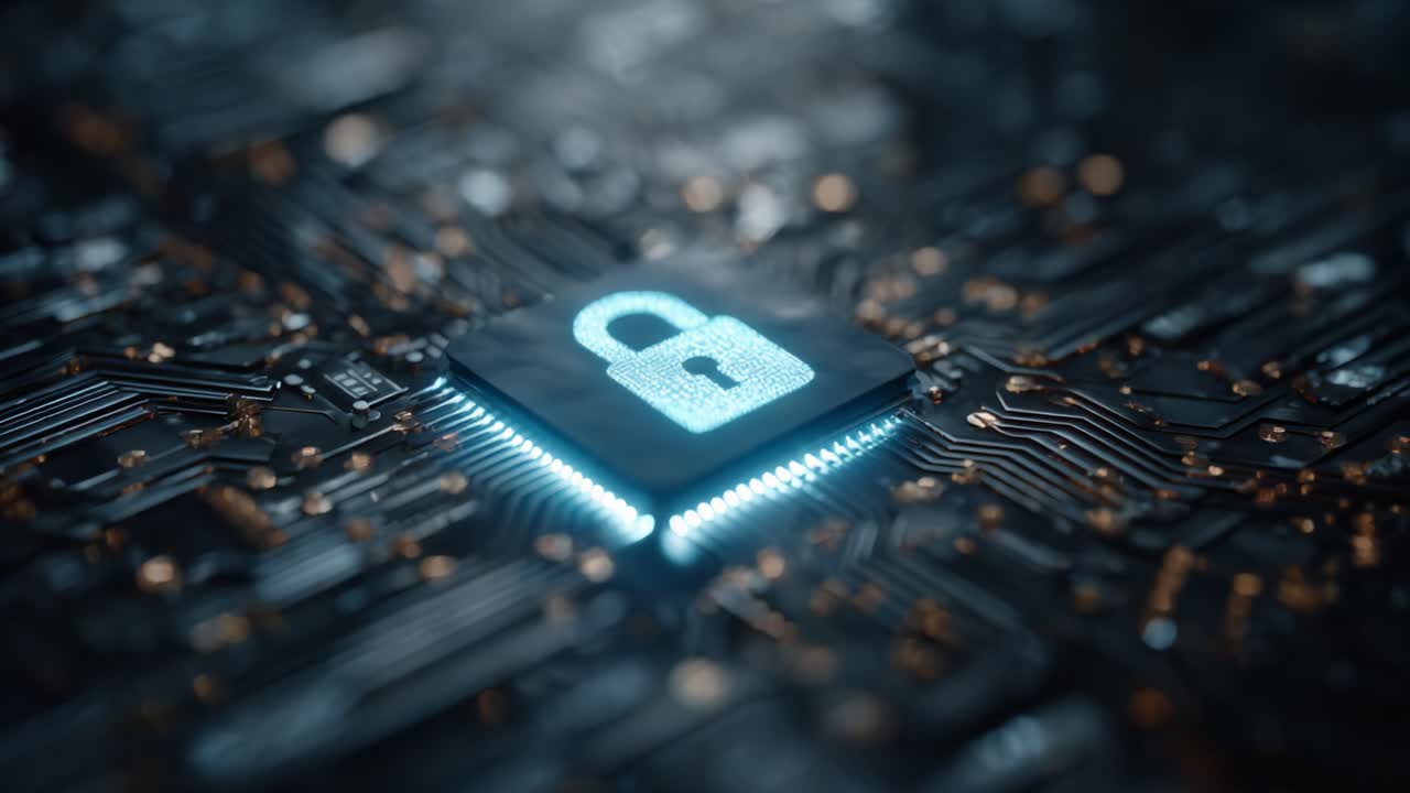 Exploring Cybersecurity: A Close-Up View of a Microchip with an Illuminated Lock Symbolizing Data Protection and Modern Encryption Technologies